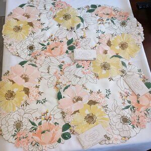 Set of 4 Helena Round Floral Embroidered Placemats. Peach, Yellow, Green w/Cream